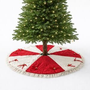 Vintage Country Christmas Red White Jingle Bell Tree Skirt 52" Cottage Core Lace